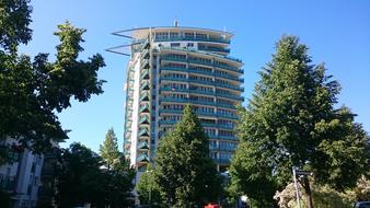 House, among the green trees, under the blue sky, in summer