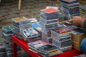 Colorful music disks at flea market on the street