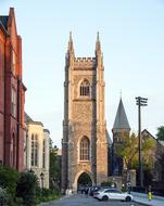 Beautiful, vintage clock tower of the university in Toronto, Canada, among the plants