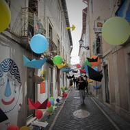 street decorated with balloons