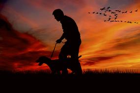 Silhouette of a man walking with Dog on meadow at beautiful and colorful sunset