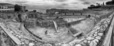 Black and white photo of the beautiful amphitheatre in Tarragona, Catalonia, Spain