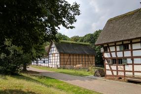 Beautiful and colorful houses with the animals in Freilichtmuseum, among the colorful plants in Kommern, Germany
