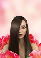 beautiful woman among pink flowers, collage