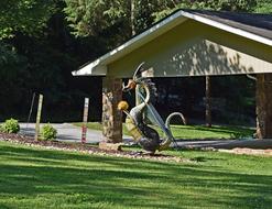 Colorful metal dragon sculpture among the plants, near the building