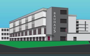 Model of the building with "Bauhaus" sign, among the green meadow, in Germany, clipart