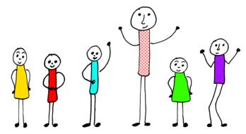 five kids and adult, stick figures, child drawing