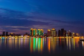 distant view from the water on urban architecture at night