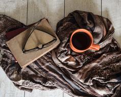 coffee mug on a scarf