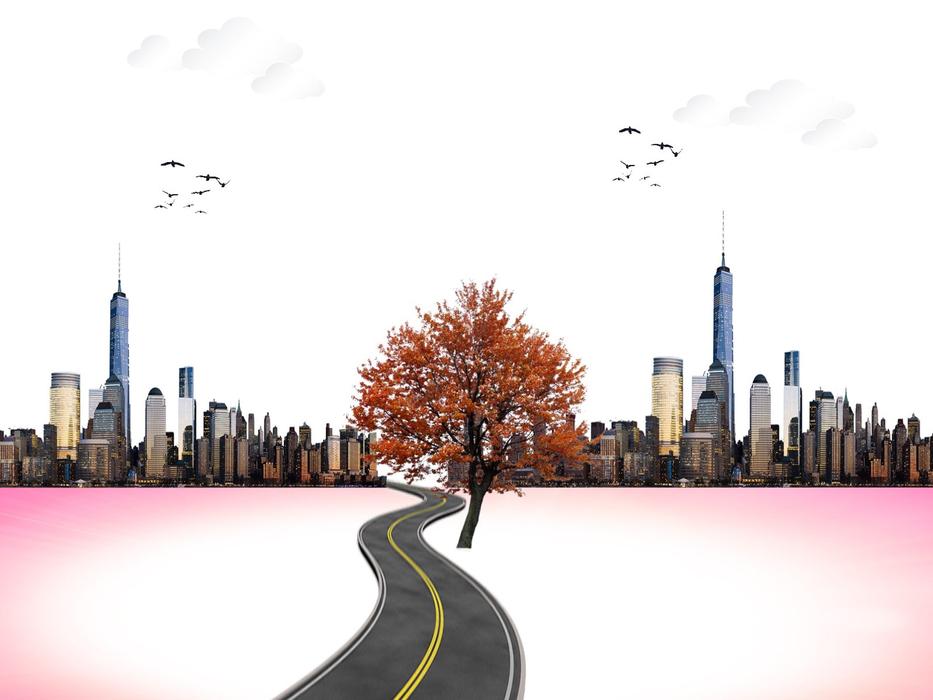 Winding road, with the colorful and beautiful tree, near the colorful buildings, clipart