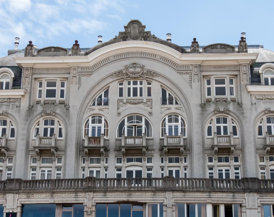 Beautiful architecture with the balconies, in Nieuwpoort, Belgium
