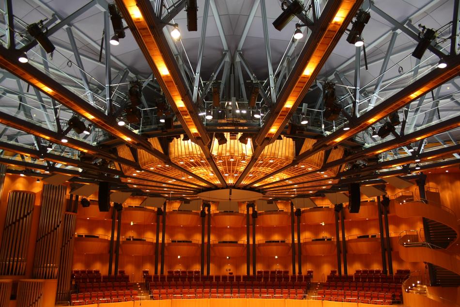 Beautiful and colorful Philharmonie Cologne Hall, with the lights, in Cologne, Germany