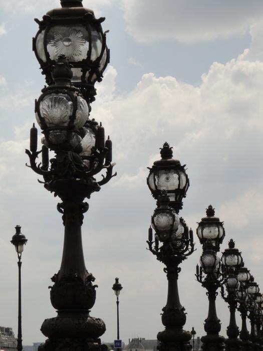 Beautiful black lanterns in row in Paris, France