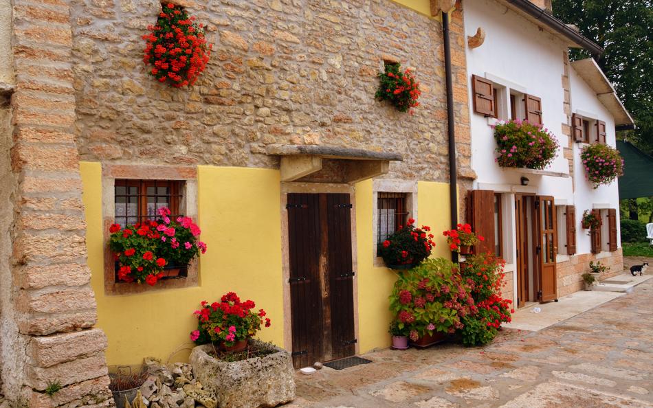 Colorful and beautiful houses, with the colorful and beautiful plants with flowers, in Lessinia, Italy