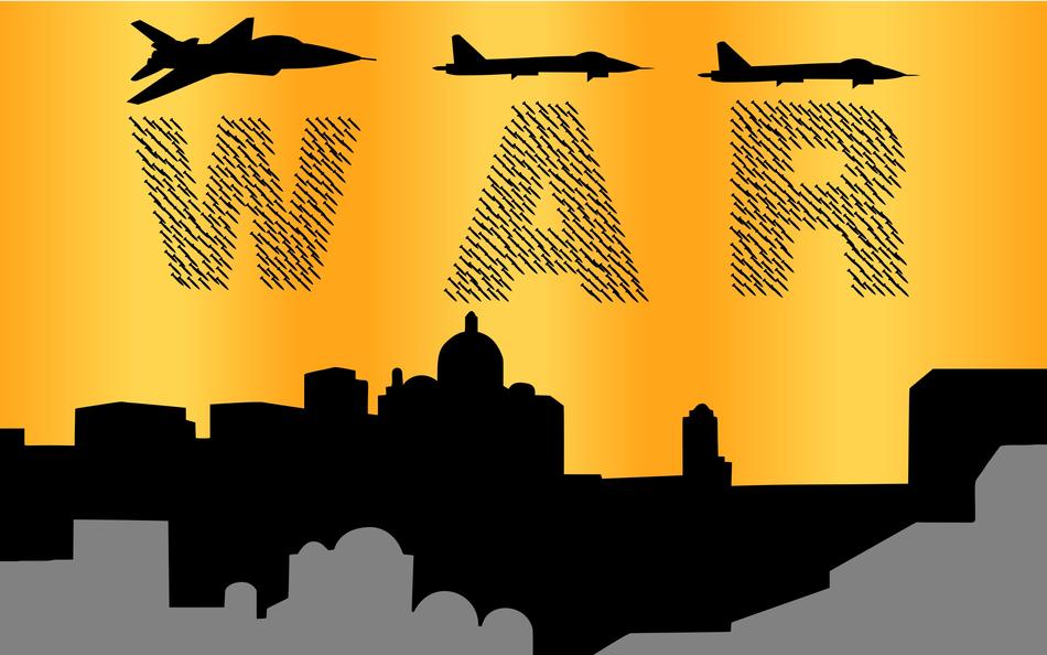 Silhouettes of the buildings and flying aircrafts and 'WAR' sign, clipart