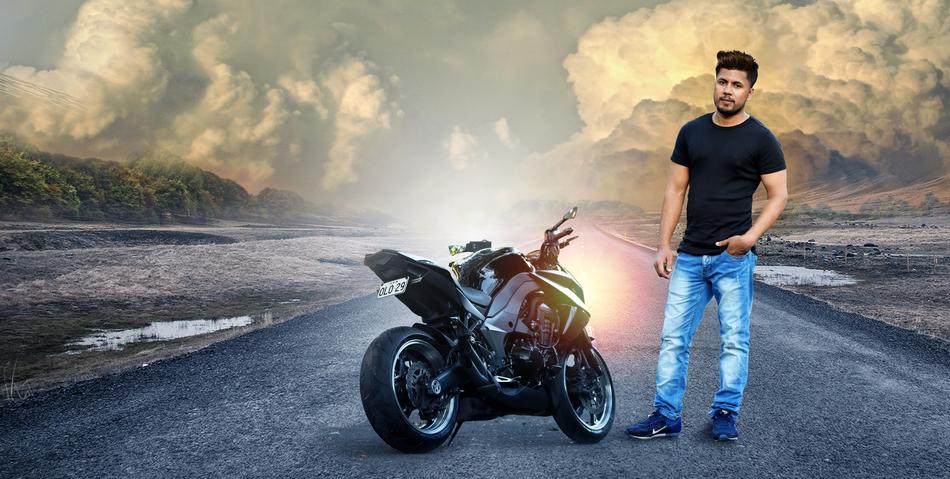 happy man near a motorcycle
