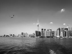 distant view of toronto in black and white background