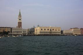 Beautiful shore of Venice, with the buildings near the blue water, in Italy