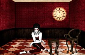 woman in red dark room art