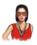 Portrait of the woman with colorful make-up, necklace and eyewear, at white background, clipart