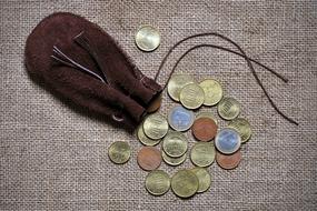 Brown purse with the colorful, shiny Euro coins