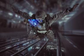 Cyber man in a futuristic landscape