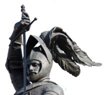 statue of a knight with a sword on a white background