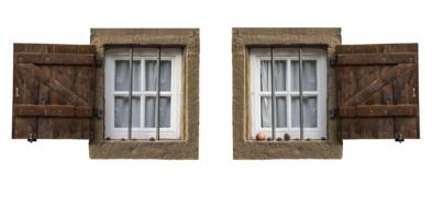 Old window with the brown, wooden shutters, at white background, clipart