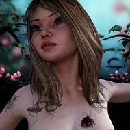 computer generated image of a girl with a tattoo and an insect on her chest
