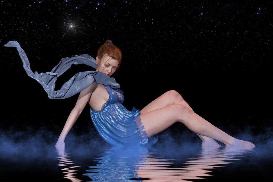 Virtual model of a girl by the water