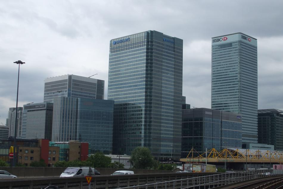 Canary buildings in London, England, United Kingdom, under the cloudy sky