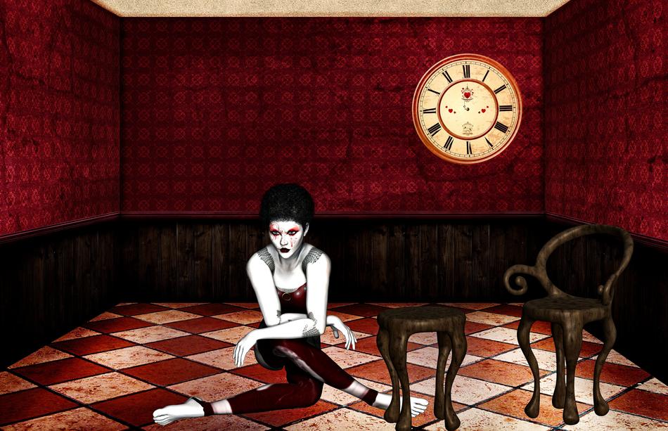 woman in red dark room art