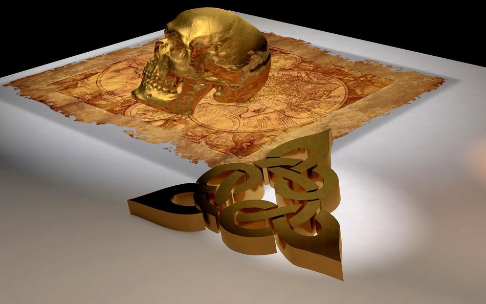 golden human skull on treasure map