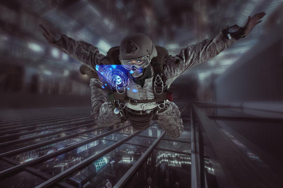 Cyber man in a futuristic landscape