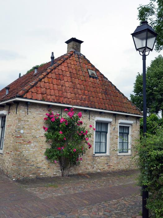 Old building, among the colorful and beautiful plants with flowers, in Bourtange, Netherlands