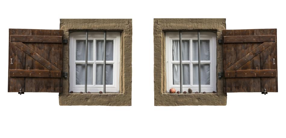 Old window with the brown, wooden shutters, at white background, clipart