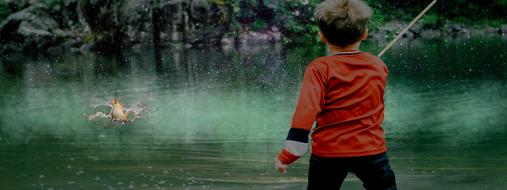 boy catching golden fish, collage