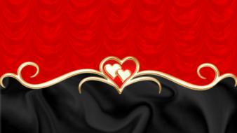 Red pattern with gold shapes and hearts, at black background, clipart