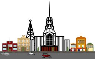 Cityscape with the colorful, vintage buildings and cars, clipart