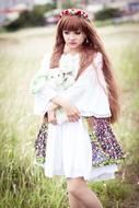 Girl white dress Grass Green