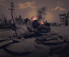 Dark apocalypse landscape with fire among the buildings