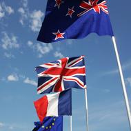 flags of France, EU and England in Venice, Italy