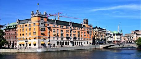 Beautiful coast of Stockholm with colorful buildings in Sweden