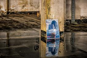 Beautiful and colorful painting on the pillar, in the old building with the water on the floor