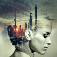 fantastic clipart of a metropolis in the head of a girl