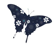 Butterfly with colorful flowers and other shapes, at white background, clipart