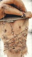 Man with the bracelet, taking off the t-shirt , on the vintage clipart with the barbed wire