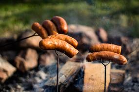 fried sausages on the fire