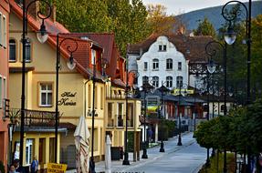 Beautiful street of ÅwieradÃ³w-ZdrÃ³j, with the colorful buildings and plants in Poland