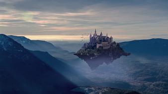 Flying island with the castle, among the beautiful mountains in mist, at colorful sunset with clouds, clipart